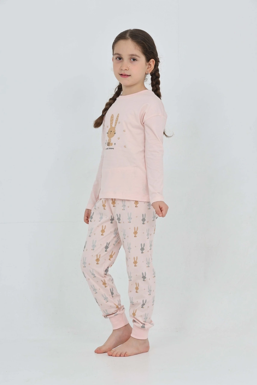 Toontoy Kız Çocuk Tavşan Baskılı Pijama Takım Pudra