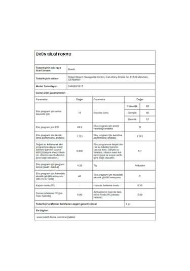 Bosch SMI6EKS81T 8 Programlı 13 Kişilik Yarı Ankastre Bulaşık Makinesi