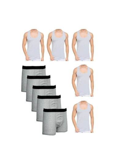 Erkek Dar Kalıp Atlet Ve Boxer Set 5 Boxer 5 Atlet Gri-gri