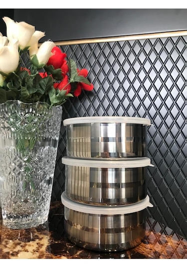 3'lü Paslanmaz Çelik Saklama Kabı 14 CM Gri