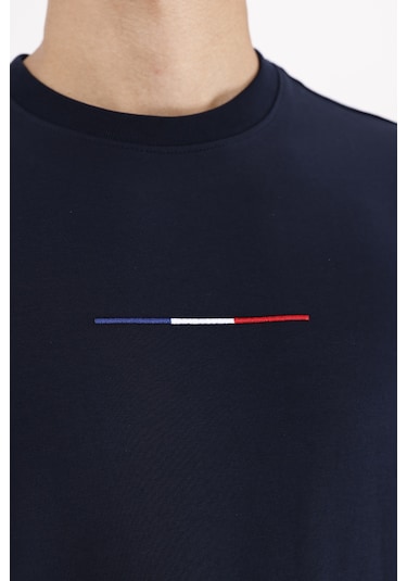 Rowinger Minimal Göğüs İşlemeli Rahat Kalıp Esnek Manşetli Mevsimlik Bisiklet Yaka Sweatshirt Navyblue