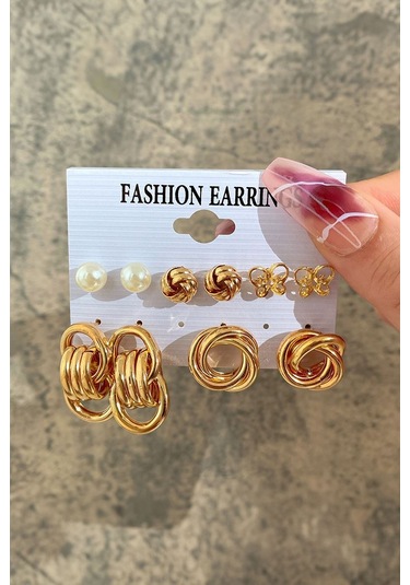 Chavin 5 Çift Gold Halka Kelebek Bayan Küpe Seti Ev23sr Gold