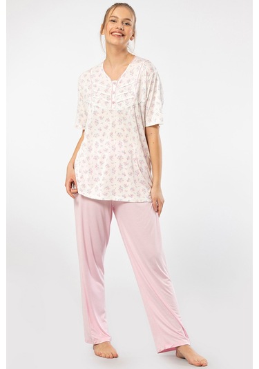 Türen 3369 Kadın Büyük Beden Kısa Kollu Pijama Takım-pembe Pembe