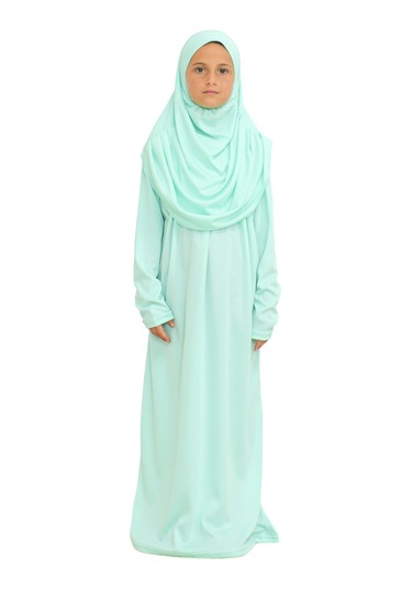 İki Parça Çocuk Elbisesi Seti Eşarp İle Takım Mint Yeşili