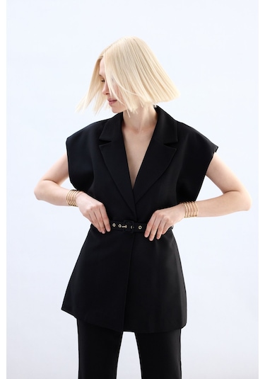 Sateen Kemerli Uzun Yelek - Siyah-136850 Siyah