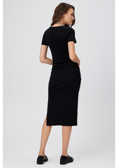 BÜZGÜLÜ MİDİ BOY KISA KOL ELBİSE SİYAH Siyah