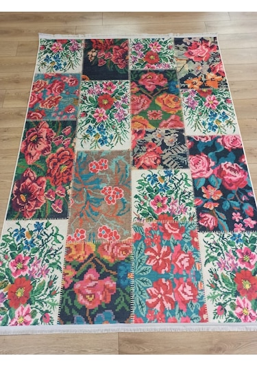 Çam Halı Gloria Td76602 Multi Karabağ Patchwork Desen Dokuma Saçaklı Kilim