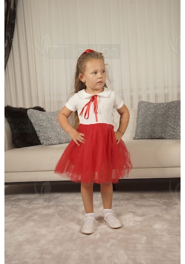 Kız Çocuk Bebe Yaka Kısa Kollu Astarlı Tüllü Elbise Kısa-kırmızı Kırmızı