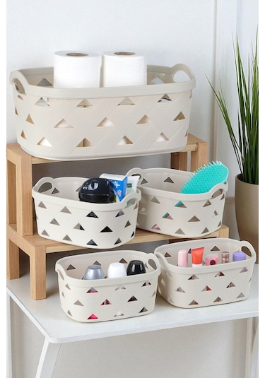 İronika 5li Dekoratif Deri Görünüm Dolap İçi Düzenleyici Saklama Kutusu Mutfak Banyo Organizer Sepet Krem Krem