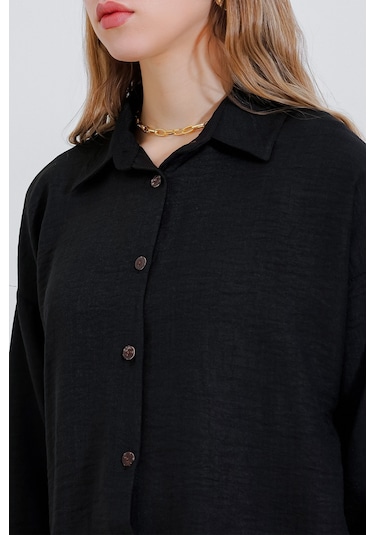 Kadın Siyah Oversize Keten Alt Üst Takım 6622 6622bgd19-001-14413 001