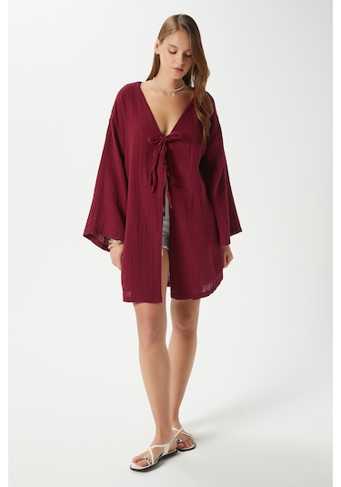 Ritnice Kadın Sandra %100 Pamuk Müslin Bağcıklı Bordo Kimono Bordo