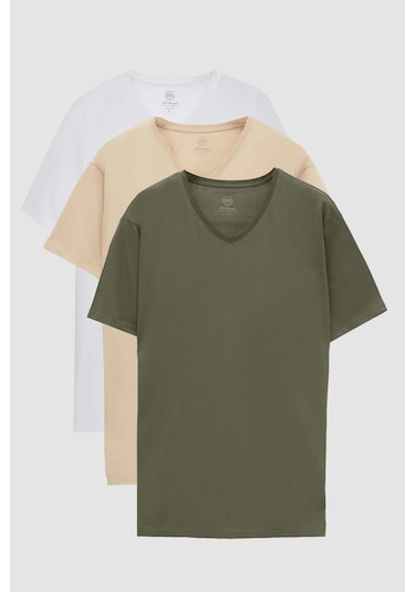 Ds Damat Slim Fit Haki/bej/beyaz 3'lü Set V Yaka T-shirt 4hc14ortbn55m Haki/bej/beyaz Çok Renkli