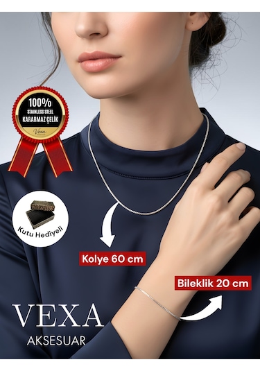 İthal Premium 3 Mm Kararmaz Örme Çelik Kolye Ve Bileklik Set - Kutulu Ve Hediyeli Ürün Gümüş