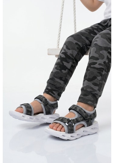 Cool Siyah Cırtlı Işıklı Hafif Unisex Çocuk Sandalet Sage F