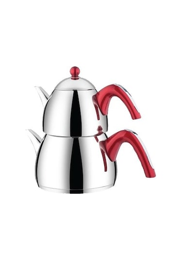 Kahramanlar Turkuaz Orta Boy Çelik Çaydanlık Takımı-Kırmızı