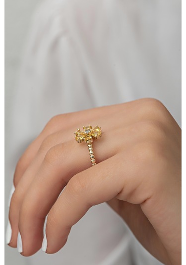 Ayarlanabilir Sarı Zirkon Taşlı Kamelya Çiçeği Yüzük Altın