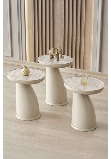 Altınaks Mobilya Elips 3'lü Sehpa, Yan Sehpa, Zigon Sehpa - Kumtaşı & Traverten Desenli Tabla Kumtaşı Renk Gövde & Traverten Desenli Tabla