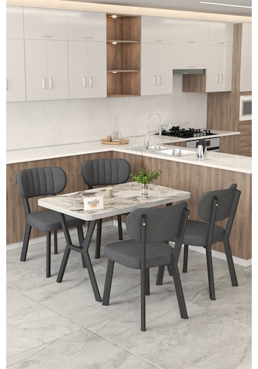 Gnr 70x110cm Sabit Efes Mutfak Masası Takımı, Yemek Masası, 4 Modern Antrasit Sandalye Antrasit