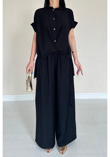 Gülsüm Aydın Siyah Önü Pileli İkili Keten Takım Siyah