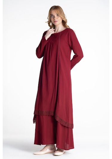 Uzun Kol Şile Bezi Nervürlü Uzun Elbise Bordo Brd-bordo
