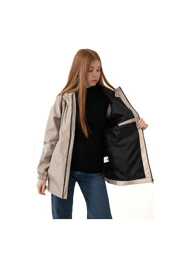 Kadın Taş Içi Astarlı Su Geçirmez Ve Rüzgara Dayanıklı Kapüşonlu Cepli Yağmurluk - Rüzgarlık Taş