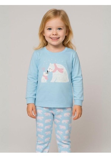 Kız Çocuk Pamuklu Kutup Ayısı Baskılı Pijama Takımı-16020 Turkuaz