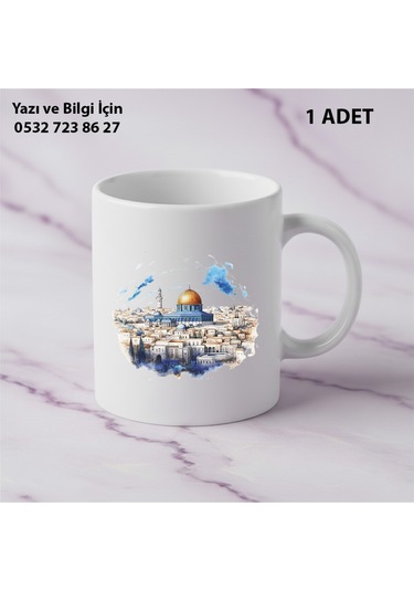 Kudd Üs Sahra Tasarımı Kişiye Özel İsimli Kuddüs Mescid-i Aksa Kupa Bardak - En Güzel Hediyelik Beyaz