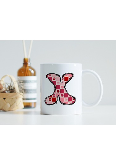 X Harfi Pembe Kareli Kalpli Göz Emojili Kupa Bardak Eğlenceli Kareli Tasarım Kahve Çay Kupası 07 Beyaz