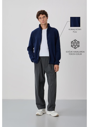 Tommy Life İndigo Yazı Nakışlı Dik Yaka Fermuarlı Standart Kalıp Erkek Sweatshirt Polar - 87992 Indıgo