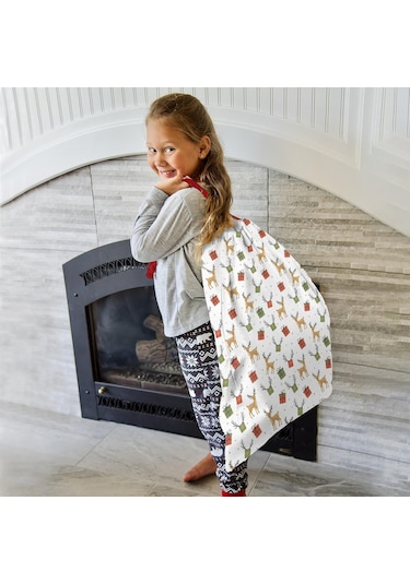 Büyük Noel Baba Hediye Çantası, Pamuklu Kordonlu, Yeniden Kullanılabilir Noel Geyik Hediyesi