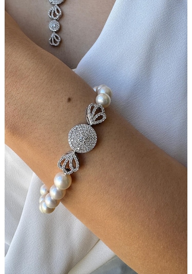 7,5 Mm Zirkon Taşlı İnci Kolye Bilelik Küpe Yüzük Dörtlü Set 9 / Rose Gümüş