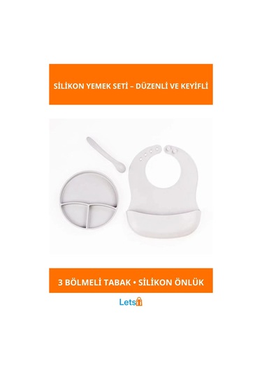 Gri Silikon Vakumlu Tabaklı Diş Kaşıyıcılı Kaşık Ve Ayarlanabilir Mama Önlüğü Seti