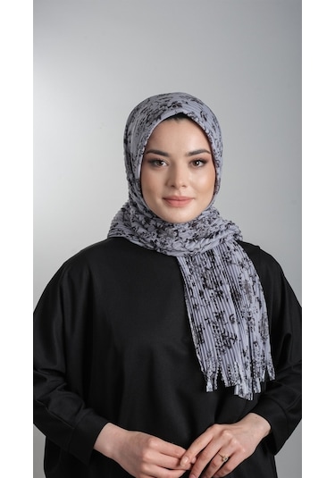 Gri Pratik Hazır Geçmeli Tesettür Eşarp Kesik Elyaf Piliseli Çiçe (553630007) Gri