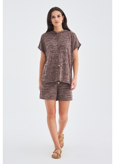 Peraluna Kaıra Blouse & Shorts Kapüşonlu Yazlık Kadın Triko Şort Kahve Kahverengi