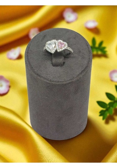 925 Ayar Gümüş Çift Kalpli Pembe Ve Beyaz Taşlı Yüzük Romantik Ve Zarif Tasarım Gümüş