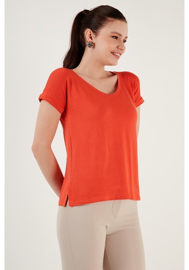 Lela V Yaka Rahat Kesim Yırtmaçlı Bayan Bluz 5862000 Nar Çiçeği