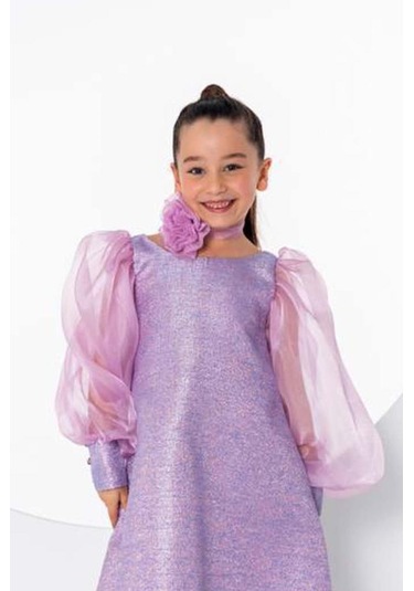 Riccotarz Kız Çocuk Çiçekli Boyunluk Hediyeli Şeffaf Karpuz Kollu Üzeri Simli Lila Elbise Lila