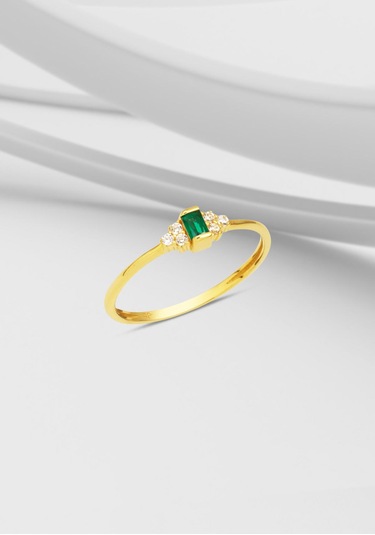 Bilezikci Yeşil Bagetli 14 Ayar Altın Minimal Yüzük Sarı Altın