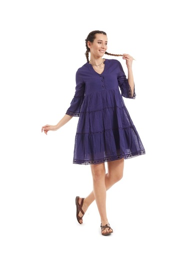 Kısa Kollu Mor Düğmeli Vual Yazlık Elbise