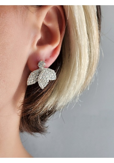 Kuş Çiçek Model Kristal Taşlı Küpe Gümüş