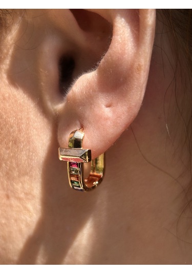 Bym473 U Model Kapamalı Zirkon Renkli Taşlı Günlük Rose Gold Kadın Çelik Küpe Rose Gold