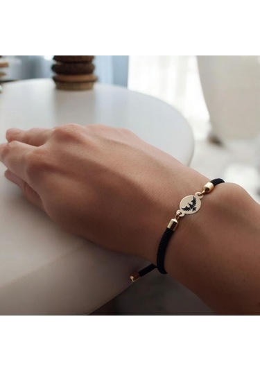 İpek Örgülüli 14 Ayar Altın Plakalı Oval Motifli Kartal Sembollü Hediye Bileklik-320sembol-siyah Altın