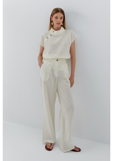 Düğme Detaylı Keten Takım Ekru Ekru