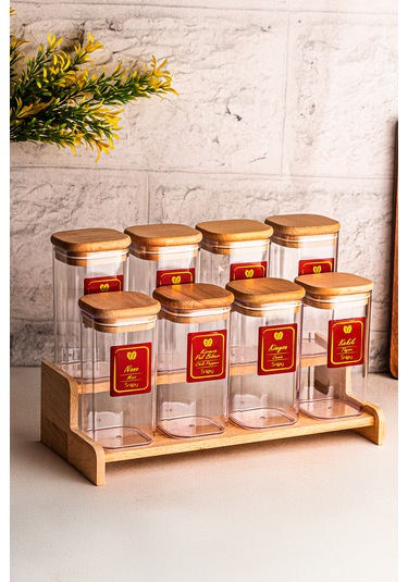 Snippy Lunver - 8'li Ahşap Standlı Vakumlu Etiketli Akrilik Saklama Kabı Baharatlık Seti 350 Ml Ahşap
