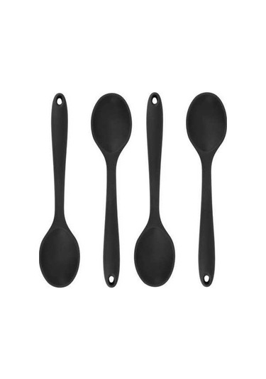 Besthome1 Siyah Isı Dayanıklı Silikon Kaşık Seti 4 Adet - Mutfak Gereci Pişirme Servis İçin Kullanılır Siyah