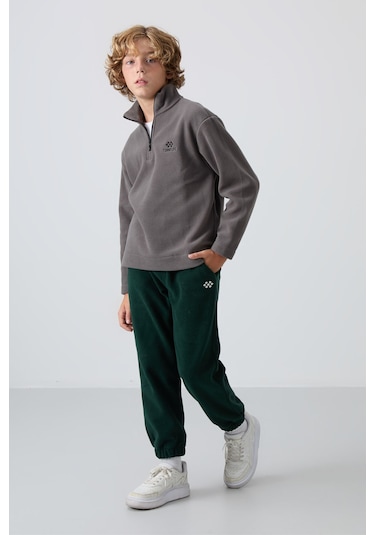 Tommy Life Çam Yeşil Kalın Yumuşak Dokulu Standart Fit Nakışlı Polar Erkek Çocuk Eşofman Alt - 11220 Çam Yeşili