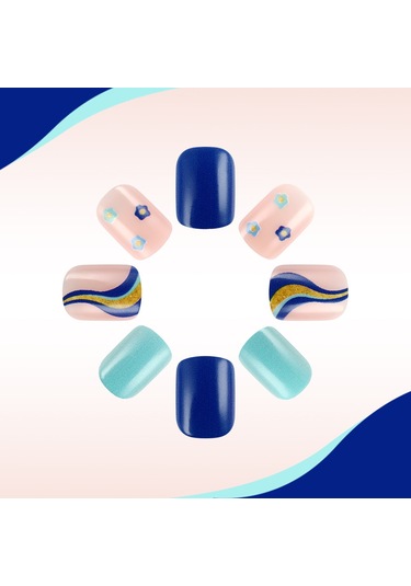 Kısa Çiçek Çizgileri Parlak Tırnaklar Renkli Çizgiler Pembe Ve Mavi Renk Uyumlu Basit Günlük Manikür 24 Adet Sahte Tırnak Dahil Araçlarys010