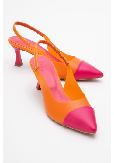 Moore Turuncu Fuşya Şeffaf Arkası Açık Sivri Burun Kadın Topuklu Ayakkabı Turuncu