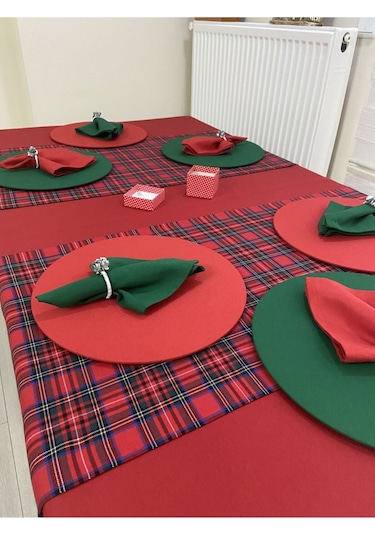 Kırmızı Masa Örtüsü , Ekose Runner , 2 Renk Supla Seti , Peçete 6 Kişilik