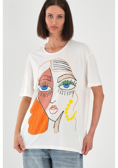 Alexandergardı Baskılı Basic Kadın T-shirt Ekru
